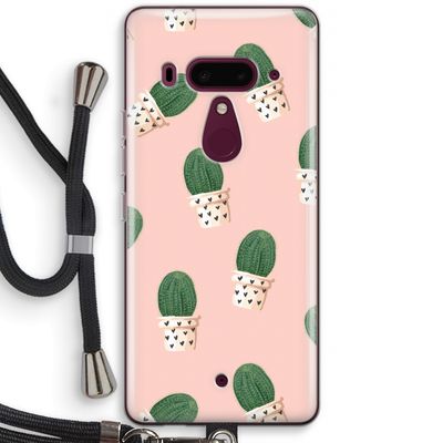 Cactusprint roze: HTC U12+ Transparant Hoesje met koord