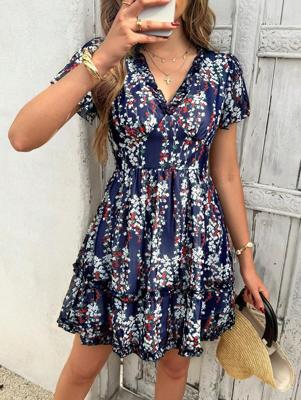 Bon&Bon Ditsy Floral V-Neck Boho Dress with Flounce Sleeves Navy Blue / M