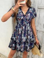 Bon&Bon Ditsy Floral V-Neck Boho Dress with Flounce Sleeves Navy Blue / M