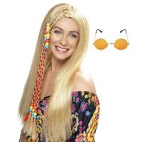 Hippie Sixties Flower Power verkleedset dames - Pruik blond - bril ronde glazen roze