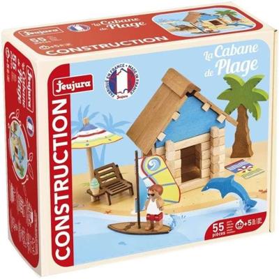 De Strandhut 55 Stuks - JEUJURA - Natuurlijk houten constructiespel, inclusief mat en accessoires, 22x18,5x8,5 cm