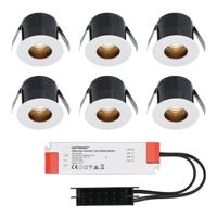 Set van 6 Olivia LED Mini Inbouwspots met Trafo - 12 Volt 3 Watt 150 lumen - Verzonken - Plat 36mm - 2700K - IP44 waterdicht - Niet Dimbaar - Wit