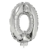 Zilveren opblaas cijfer ballon - 0 jaar - op stokje - H41 cm - Leeftijd versiering