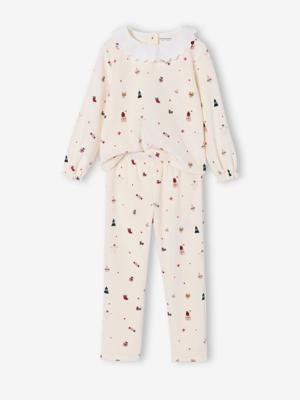 Meisjespyjama fluweel / velours met kraagje en ruches van popeline ecru Meisjespyjama fluweel / velours met kraagje en ruches van popeline ecru