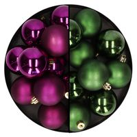 Kerstballen 24x stuks - mix donkergroen en paars - 6 cm - kunststof - Kerstbal - thumbnail