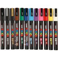 Uni-Posca Posca marker, afm pc-3m, lijndikte 0,9-1,3 mm, fijn, diverse kleuren, 12 stuk/ 1 doos