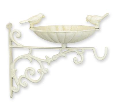 A CAST IRON WALL MOUNT BIRD BATH WITH HOOK