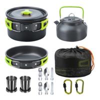 Trizand camping pannenset - RVS - zwart/groen - 18x stuks - kamperen - campingservies