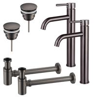 Fortifura Calvi Wastafelkraanset - voor dubbele wastafel - verhoogde wastafelkraan - klikwaste plug - verlaagde design sifon - Geborsteld Gunmetal PVD 2x SW766541/2x SW767288/2x SW767295