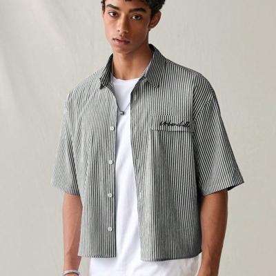 Bon&Bon Men's Striped Short Sleeve Shirt | Loose Fit Casual Blue Top Grey / L