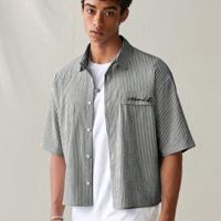 Bon&Bon Men's Striped Short Sleeve Shirt | Loose Fit Casual Blue Top Grey / L