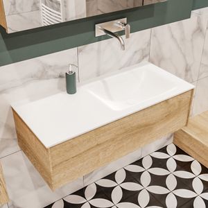 Mondiaz Lush Cloud badmeubel eiken licht 100 cm 1 lade solid surface enkele spoelbak rechts zonder kraangat
