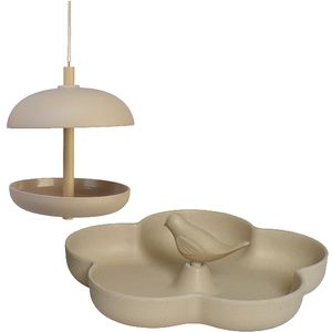 Vogel voedersilo met vogelbad - bamboe hout - beige