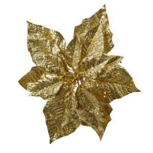 1x stuks decoratie bloemen kerstster goud glitter op clip 23 cm