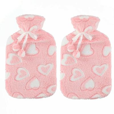 Warmwaterkruik - 2x - 2L - roze/wit - met hoes - kruik - hartjes print