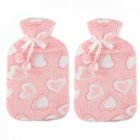 Warmwaterkruik - 2x - 2L - roze/wit - met hoes - kruik - hartjes print