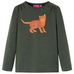 Kindershirt met lange mouwen kattenprint 104 kakikleurig