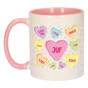 Cadeau koffiemok voor juf/lerares - hartjes snoepjes - roze - verjaardag kado - mok met tekst