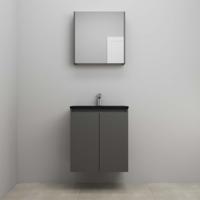 On-Line Badkamermeubelset - 60 cm - Bouwpakket - Greeploze Ladestructuur - Acryl Wastafel - 1 Kraangat - Spiegelkast - Mat Antraciet