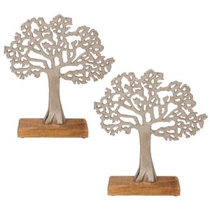 2x Stuks decoratie levensboom van aluminium op houten voet 27,5 cm zilver