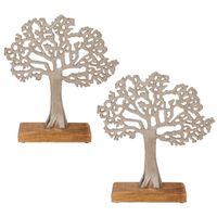 2x Stuks decoratie levensboom van aluminium op houten voet 27,5 cm zilver - thumbnail