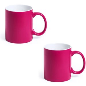 8x Drinkbekers/mokken fuchsia/wit 350 ml