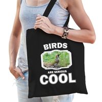 Katoenen tasje birds are serious cool zwart - vogels/ groene specht cadeau tas   -