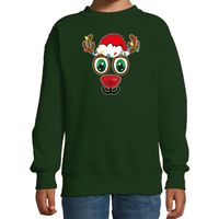 Bellatio Decorations kersttrui/sweater voor kinderen - Rudolf gezicht - rendier - groen 14-15 jaar (170/176)  -