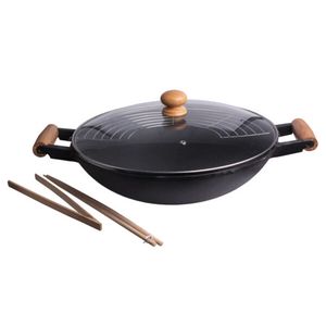 Wokpan set gietijzer/hout - 5-delig - zwart - 47 x 39 cm