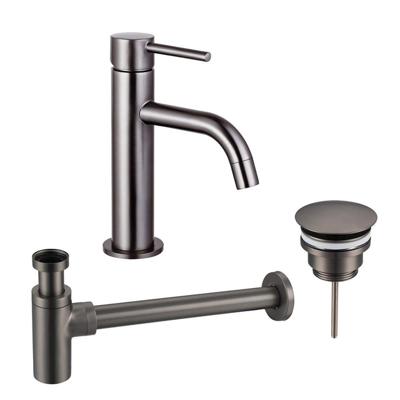 Fortifura Calvi Slim Wastafelkraanset - lage wastafelkraan - always open plug - design sifon - Geborsteld Gunmetal PVD SW766538/SW769487/SW767297