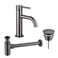 Fortifura Calvi Slim Wastafelkraanset - lage wastafelkraan - always open plug - design sifon - Geborsteld Gunmetal PVD SW766538/SW769487/SW767297