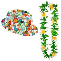 Carnaval verkleed set - Tropische Hawaii party - hoed met bloemenslinger - volwassenen - thumbnail