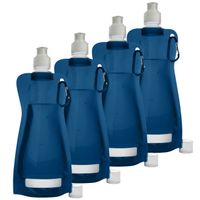 Waterfles/drinkfles opvouwbaar - 10x - blauw - kunststof - 420 ml - schroefdop - karabijnhaak