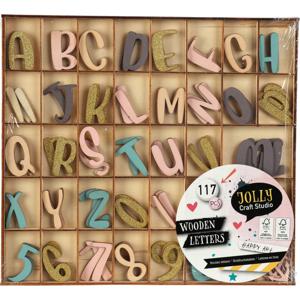 Houten alfabet letters en cijfers - pastel kleuren mix - hoogte 2.5 cm per stuk - 117x stuks   -