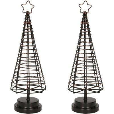 Set van 2x stuks verlichte zwarte 3D lichtboompjes/metalen boompjes/kerstboompjes 60 leds 36 cm