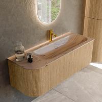 Badmeubel Mondiaz Kurve-Dlux | 125 cm | Meubelkleur Oak | Wastafelkleur Arena | Solid surface | Wasbak rechter zijde spoelbak | 1 kraangat