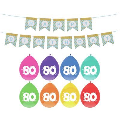 Verjaardag 80 jaar geworden versiering - 16x thema ballonnen - 1x Happy Birthday slinger 300 cm