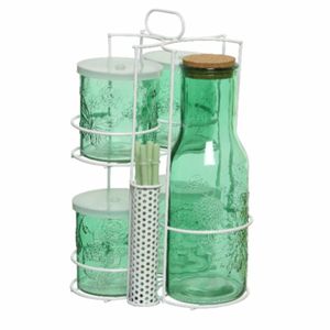 Groene karaf/sapkan/schenkkan 1 liter met 4 mason jars en rietjes