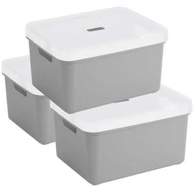 3x Sunware opbergbox/mand 32 liter lichtgrijs kunststof met transparante deksel