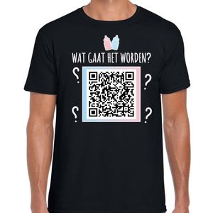 QR code gender reveal t-shirt wat gaat het worden heren zwart - jongen - Gender reveal shirts