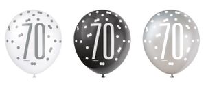 Ballonnen 70 Jaar Zwart en Zilver Glitz (6st)