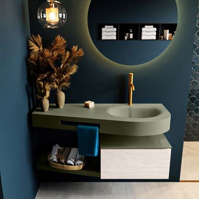 MONDIAZ RIVA 120cm badmeubel onderkast / planchet kleur Underlayment met 1 lade. Wastafel DULCET rechts 1 kraangat kleur Army. MONDIAZ RIVA 120cm badmeubel onderkast / planchet kleur Underlayment met 1 lade. Wastafel DULCET rechts 1 kraangat kleur Army.