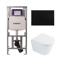 QeramiQ Dely Toiletset - 36.3x51.7cm - diepspoel - rimless - Geberit UP320 Burda inbouwreservoir - softclose toilet zitting 35 mm - kunststof mat zwarte bedieningsplaat - ronde knoppen - wit glans SW1026255 / SW1159505/0701131/SW706188