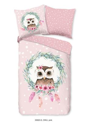 Good Morning Kinderdekbedovertrek "uil en veren" - Roze - (135x200 cm) - Katoen