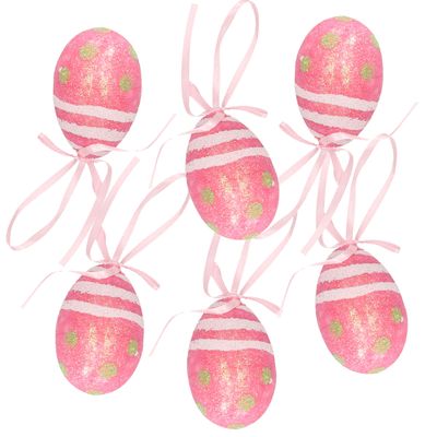 Set van 12x decoratie paaseieren hangend roze glitter - piepschuim - 6 cm
