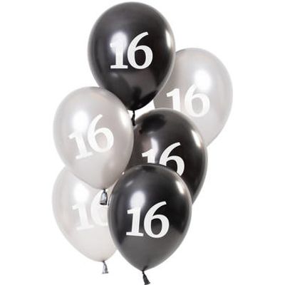 Ballonnen 16 Jaar Zwart/Zilver (6st)