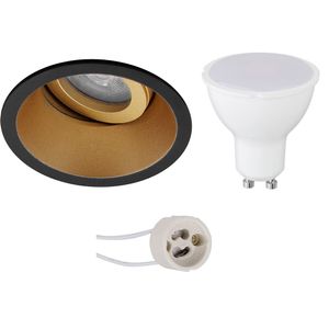 LED Spot Set - Pragmi Zano Pro - GU10 Fitting - Dimbaar - Inbouw Rond - Mat Zwart/Goud - 6W - Helder/Koud Wit 6400K - Kantelbaar - Ø93mm