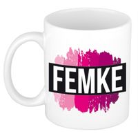 Femke  naam / voornaam kado beker / mok roze verfstrepen - Gepersonaliseerde mok met naam   -