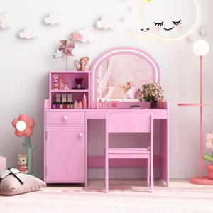 Kaptafel en Stoelenset voor Kinderen Make-Upspeelset met Planken Houten Kaptafelset met Tweekleurige Led-Verlichting Roze