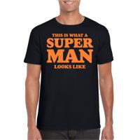 Verkleed T-shirt voor heren - super man - zwart - glitter oranje - carnaval/themafeest - Vaderdag